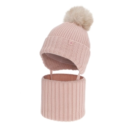 Czapka i komin dla dziewczynki, zimowy komplet, różowy 100% wełniany merino, z pomponem Kivora-1