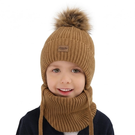Czapka i komin dla chłopca zimowy komplet, camel, z pomponem, wiązany Eger-1