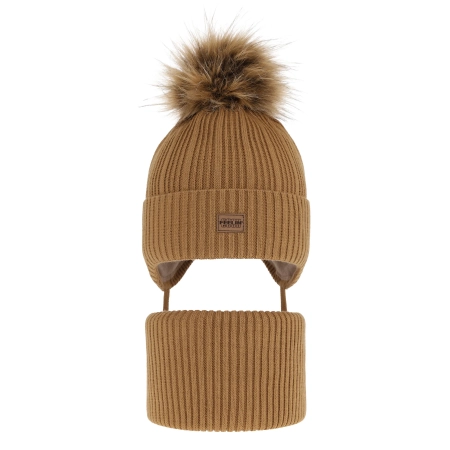 Czapka i komin dla chłopca zimowy komplet, camel, z pomponem, wiązany Eger-2