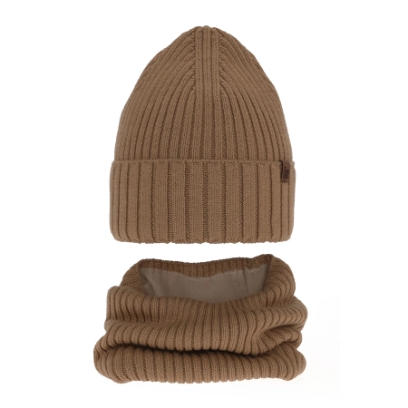 Czapka i komin dla chłopca zimowy komplet, camel, wełniany, podszyty polarem Metis-2