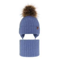 Czapka i komin dla chłopca zimowy komplet, niebieski, 100% wełniany merino, wiązany Juno-1