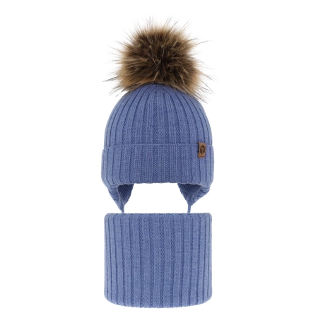 Czapka i komin dla chłopca zimowy komplet, niebieski, 100% wełniany merino, wiązany Juno-1