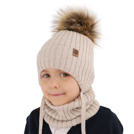 Czapka i komin dla chłopca zimowy komplet, niebieski, 100% wełniany merino, wiązany Juno-2