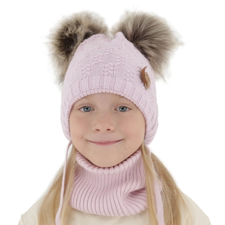 Czapka i komin dla dziewczynki zimowy komplet, liliowy, z dwoma pomponami, wiązany Bettina-1