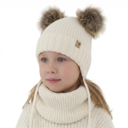 Czapka i komin dla dziewczynki zimowy komplet, kremowy, 100% wełniana merino, wiązany, z dwoma pomponami Silvia-1