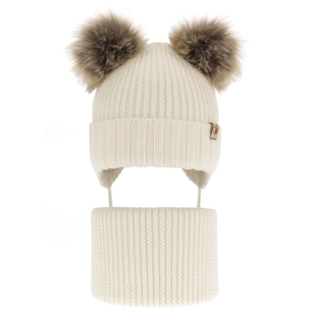 Czapka i komin dla dziewczynki zimowy komplet, kremowy, 100% wełniana merino, wiązany, z dwoma pomponami Silvia-2