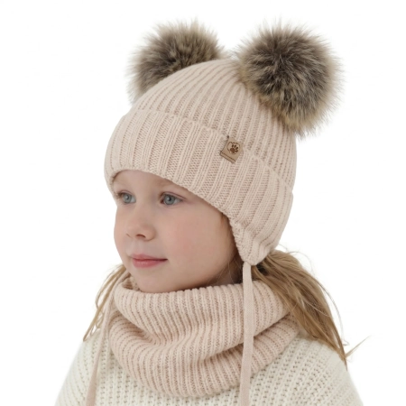 Czapka i komin dla dziewczynki zimowy komplet, jasnoróżowy wiązany, 100% wełniany merino, z dwoma pomponami Silvia-1