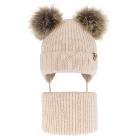Czapka i komin dla dziewczynki zimowy komplet, jasnoróżowy wiązany, 100% wełniany merino, z dwoma pomponami Silvia-2