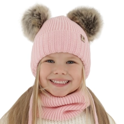 Czapka i komin dla dziewczynki zimowy komplet, różowy, 100% wełniany merino, z dwoma pomponami, wiązany Silvia-1