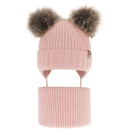 Czapka i komin dla dziewczynki zimowy komplet, różowy, 100% wełniany merino, z dwoma pomponami, wiązany Silvia-2