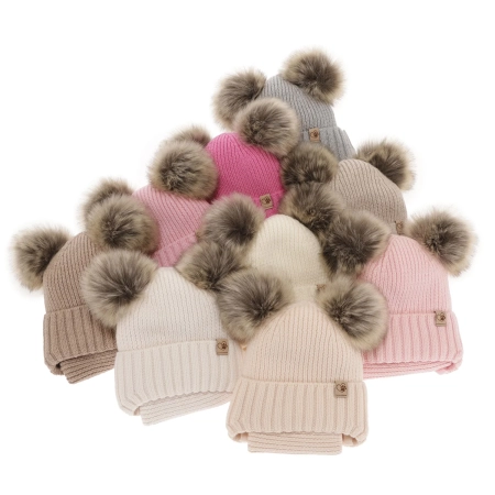 Czapka i komin dla dziewczynki zimowy komplet, różowy, 100% wełniany merino, z dwoma pomponami, wiązany Silvia-6