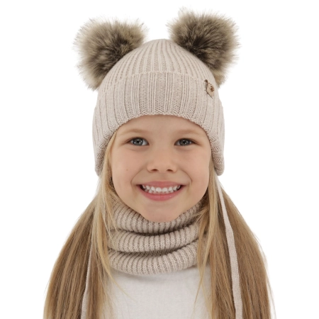 Czapka i komin dla dziewczynki zimowy komplet, beżowy, 100% wełniana merino, wiązany, z dwoma pomponami Silvia-1