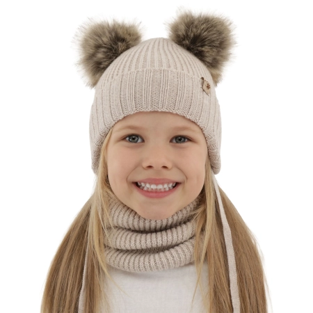 Czapka i komin dla dziewczynki zimowy komplet, beżowy, 100% wełniana merino, wiązany, z dwoma pomponami Silvia-2