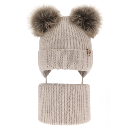 Czapka i komin dla dziewczynki zimowy komplet, beżowy, 100% wełniana merino, wiązany, z dwoma pomponami Silvia-3