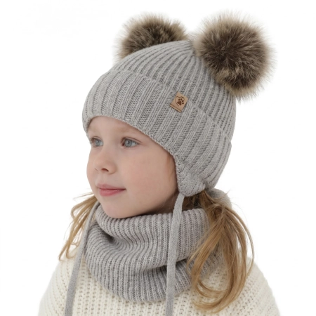 Czapka i komin dla dziewczynki zimowy komplet, szary, wiązany, 100% wełniany merino, z dwoma pomponami Silvia-1