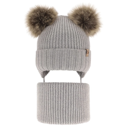 Czapka i komin dla dziewczynki zimowy komplet, szary, wiązany, 100% wełniany merino, z dwoma pomponami Silvia-2