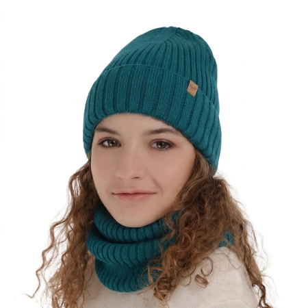 Czapka i komin dla dziewczynki zimowy komplet, zielony, wełniany merino Mesalia-1