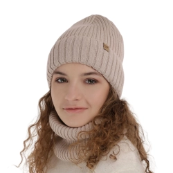 Czapka i komin dla dziewczynki zimowy komplet, beżowy, wełniany merino Mesalia-1