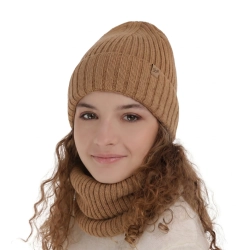 Czapka i komin dla dziewczynki zimowy komplet, camel, wełniany merino Mesalia-1