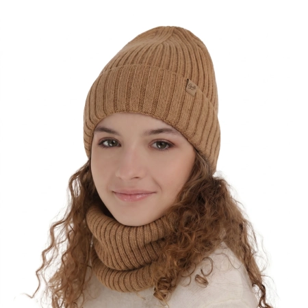 Czapka i komin dla dziewczynki zimowy komplet, camel, wełniany merino Mesalia-1
