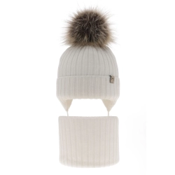 Czapka i komin dla dziewczynki zimowy komplet, biały, 100% wełniana merino, wiązany Junika-1