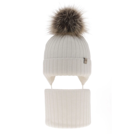 Czapka i komin dla dziewczynki zimowy komplet, biały, 100% wełniana merino, wiązany Junika-1
