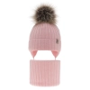 Czapka i komin dla dziewczynki zimowy komplet, różowy, wiązany, 100% wełniany merino, z pomponem Junika-1