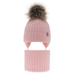 Czapka i komin dla dziewczynki zimowy komplet, różowy, wiązany, 100% wełniany merino, z pomponem Junika-1