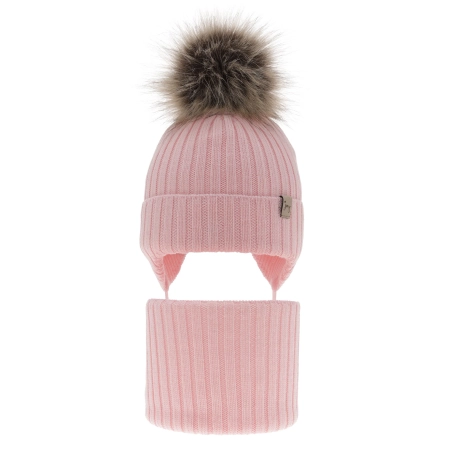 Czapka i komin dla dziewczynki zimowy komplet, różowy, wiązany, 100% wełniany merino, z pomponem Junika-1