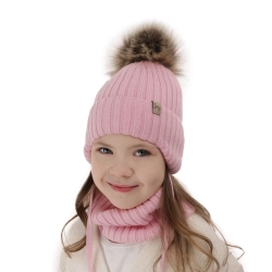 Czapka i komin dla dziewczynki zimowy komplet, różowy, 100% wełniany merino, wiązany Junika-1