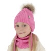 Czapka i komin dla dziewczynki zimowy komplet, różowy, 100% wełniany merino, wiązany Junika-1
