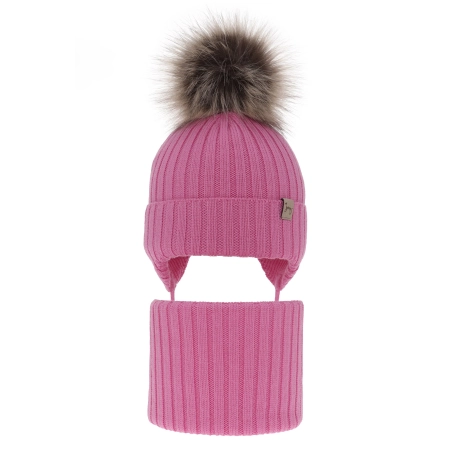 Czapka i komin dla dziewczynki zimowy komplet, różowy, 100% wełniany merino, wiązany Junika-2