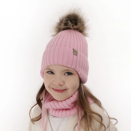 Czapka i komin dla dziewczynki zimowy komplet, różowy, 100% wełniany merino, wiązany Junika-3