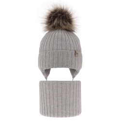 Czapka i komin dla dziewczynki zimowy komplet, szary, 100% wełniany merino, wiązany Junika-1