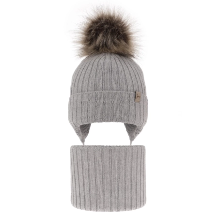 Czapka i komin dla dziewczynki zimowy komplet, szary, 100% wełniany merino, wiązany Junika-1
