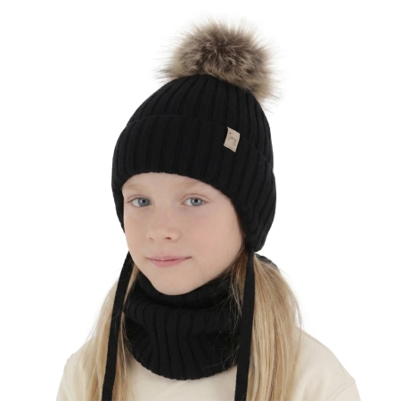 Czapka i komin dla dziewczynki zimowy komplet, czarny, wiązany, 100% wełniany merino Junika-1
