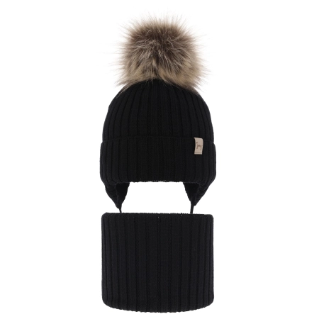 Czapka i komin dla dziewczynki zimowy komplet, czarny, wiązany, 100% wełniany merino Junika-2