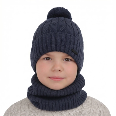 Czapka i komin dla chłopca zimowy komplet, niebieski, z pomponem, wełniany merino Talar-1
