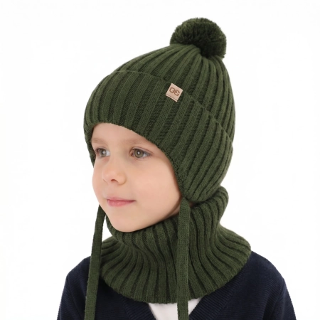 Czapka i komin dla chłopca zimowy komplet, khaki, z pomponem Carlo-1