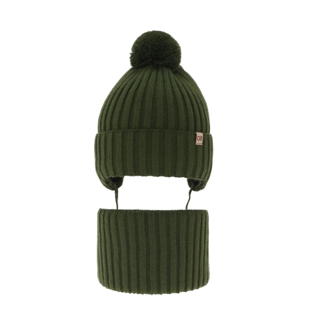 Czapka i komin dla chłopca zimowy komplet, khaki, z pomponem Carlo-2